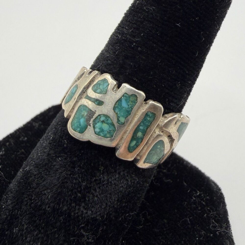 Vintage 925 Sterling Silver Turquoise Inlay Band Ring Size 8.5 Southwest Mosaic